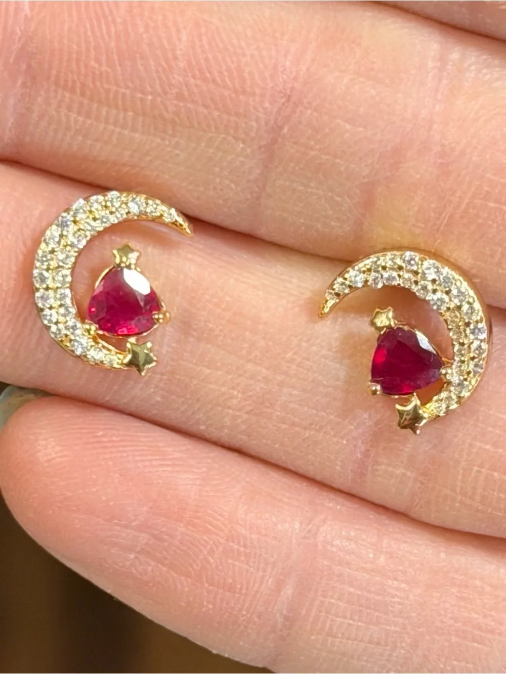 Mystical Waning Crescent Moon Natural .50CT Ruby Stud Earring 18K Yellow Gold